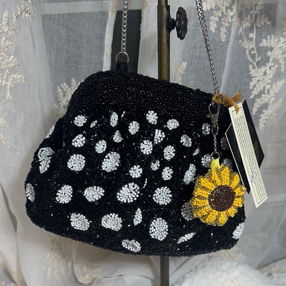 From India to you black and white dot beaded bag with sunflower beaded bag charm